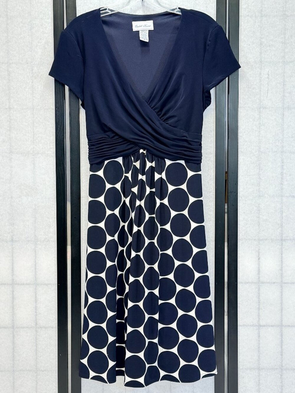 Elizabeth Howard Polka Dot Dress 16 Cap Sleeve Shirred Overlap Empire Bodice Tie